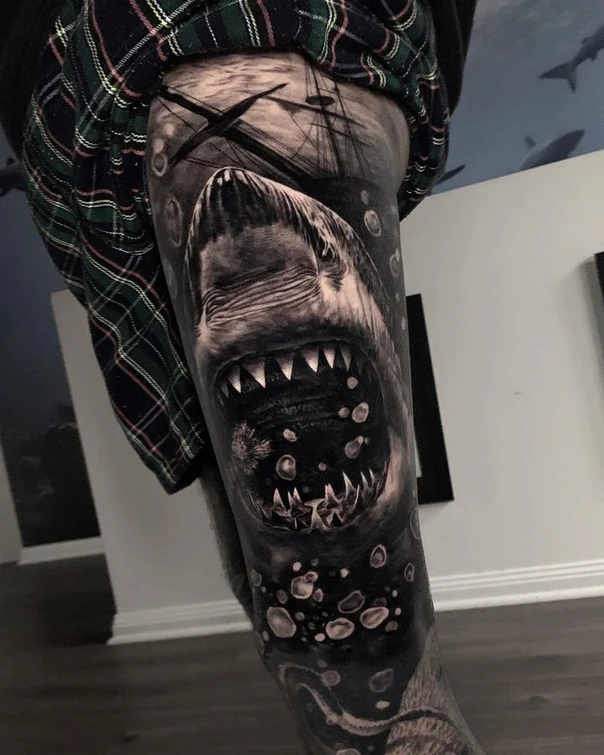 Realism Shark, Ship tattoo on Thigh