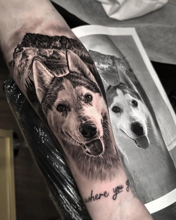 Realism Wolf, Mountain tattoo on Forearm