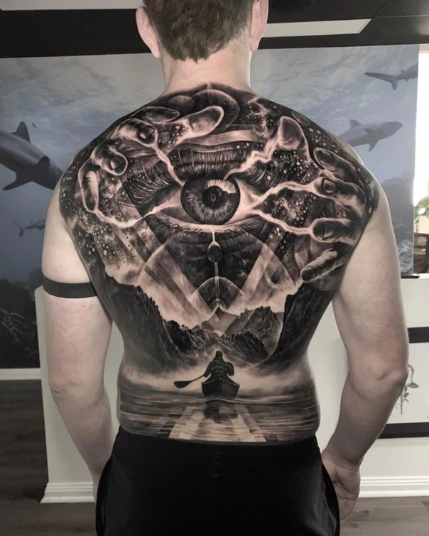 Realism Eye, Landscape tattoo on Full Back