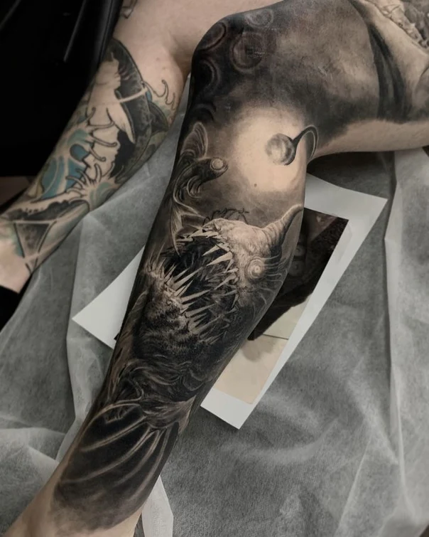 Black & Grey Fish, Lantern tattoo on Forearm