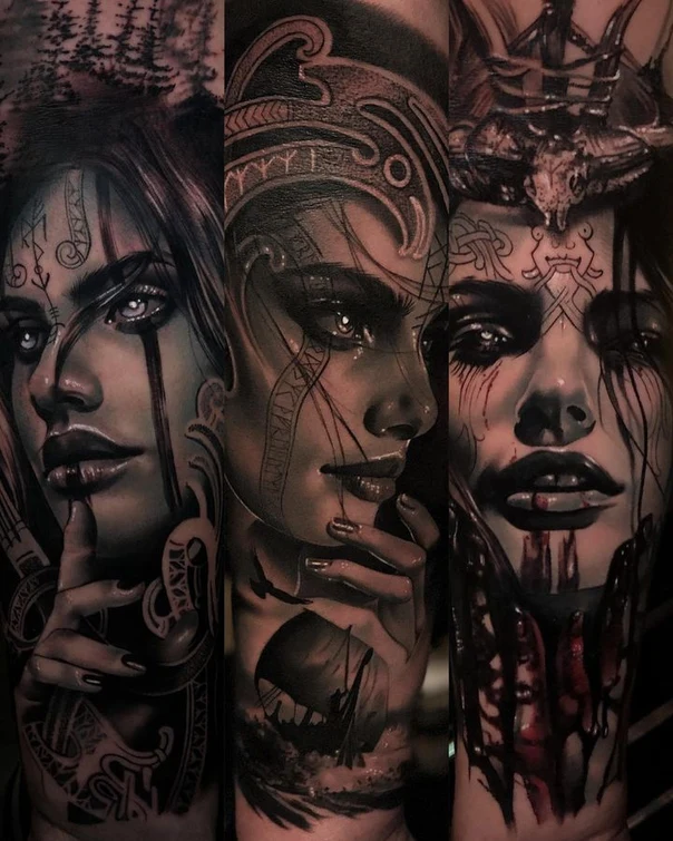 Realism Portrait, Viking tattoo on Full Sleeve