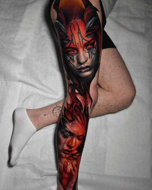 Realism Portrait, Face tattoo on Full Leg