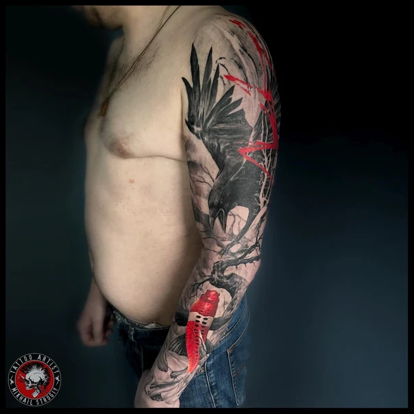 Реализм Crow, Koi fish tattoo на Полный рукав