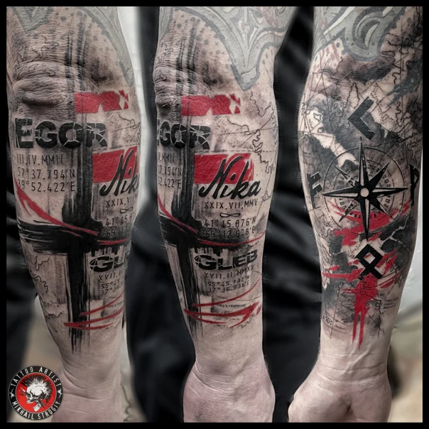 Абстрактная Compass, Map tattoo на Предплечье