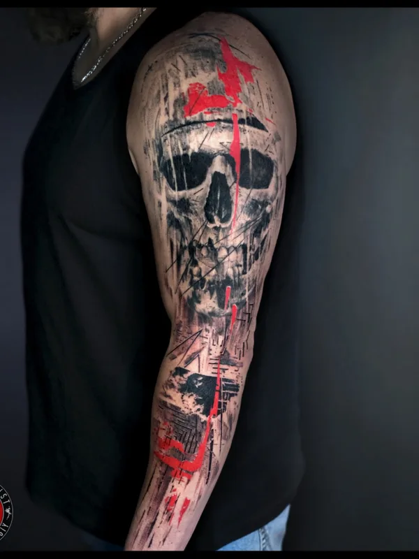 male blackandgrey trashpolka Tatuaggio su arm #66284 | Tatuatore Михаил Строгий