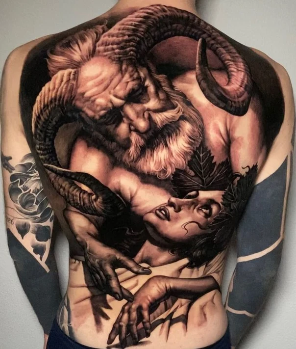 Realism Mythological, Figure tattoo on Full Back