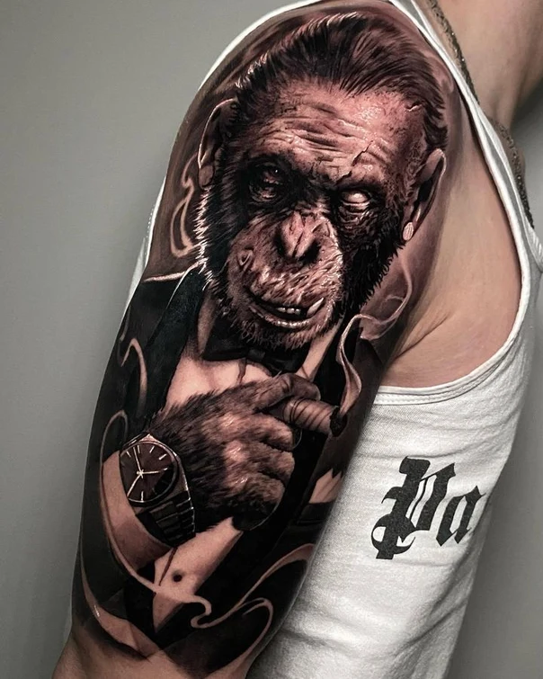 Realism Monkey, Cigar tattoo on Upper Arm