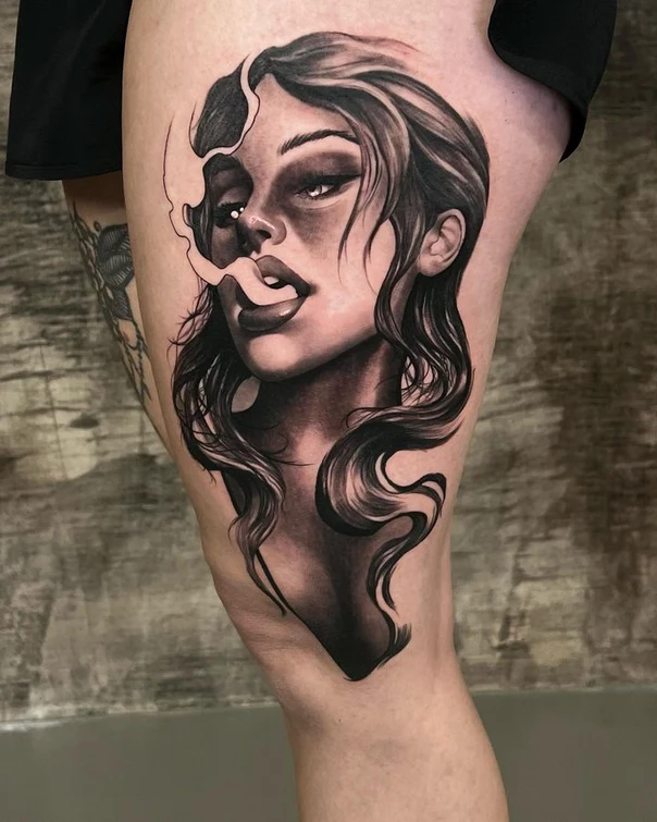 Realism Portrait, Woman tattoo on Thigh