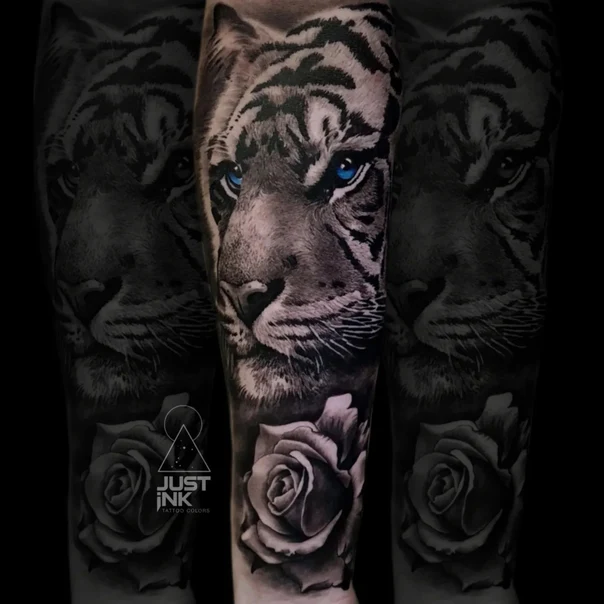 Realism Tiger, Rose tattoo on Forearm