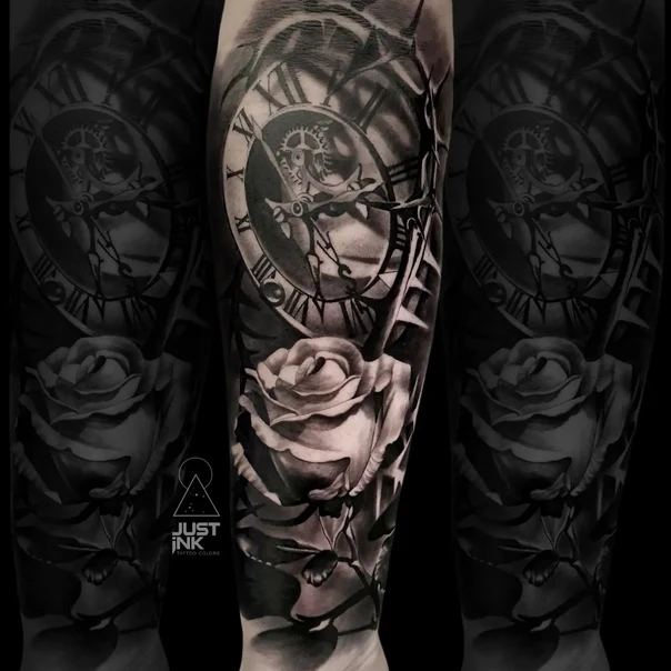 Black & Grey Clock, Rose tattoo on Forearm