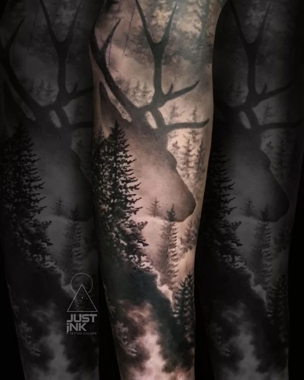 Black & Grey Deer, Forest tattoo on Full Sleeve