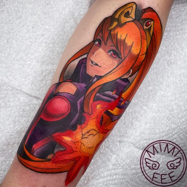 Anime Anime character, Fire tattoo on Forearm