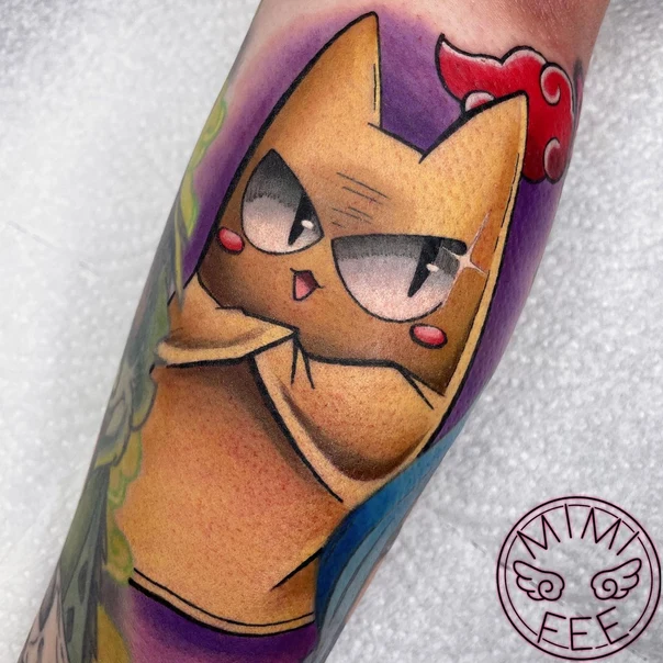 Anime Cat, Cloud tattoo on Forearm