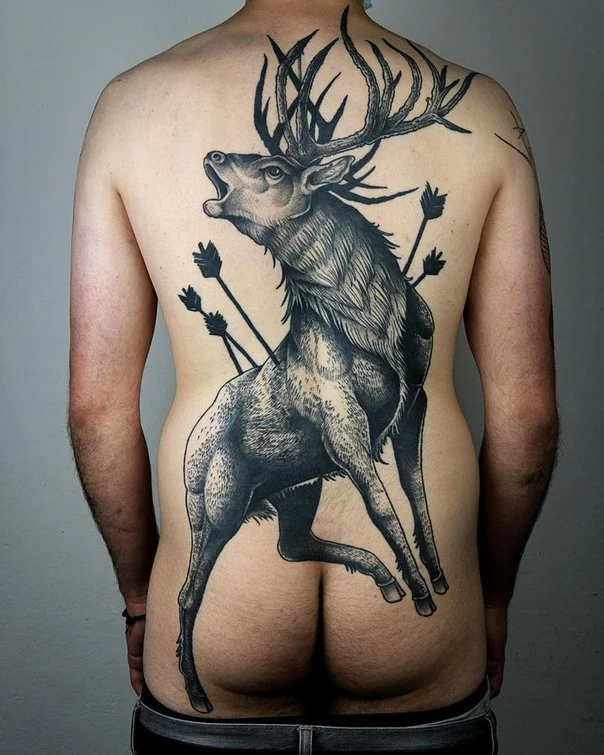 Realism Deer, Arrows tattoo on Full Back