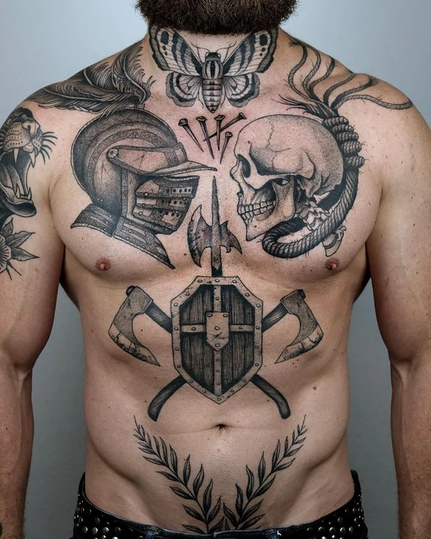 Black & Grey Skull, Helmet tattoo on Chest