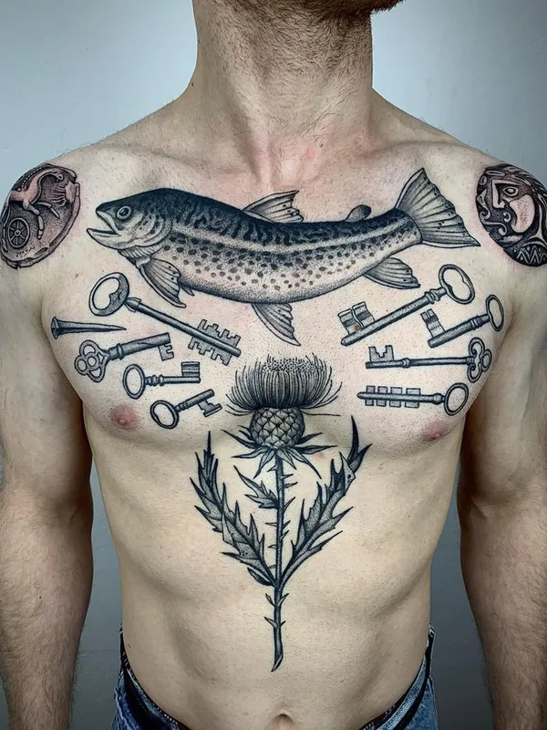 male black and grey blackwork 纹身 在 chest #66346 | 纹身师 Michael Joss
