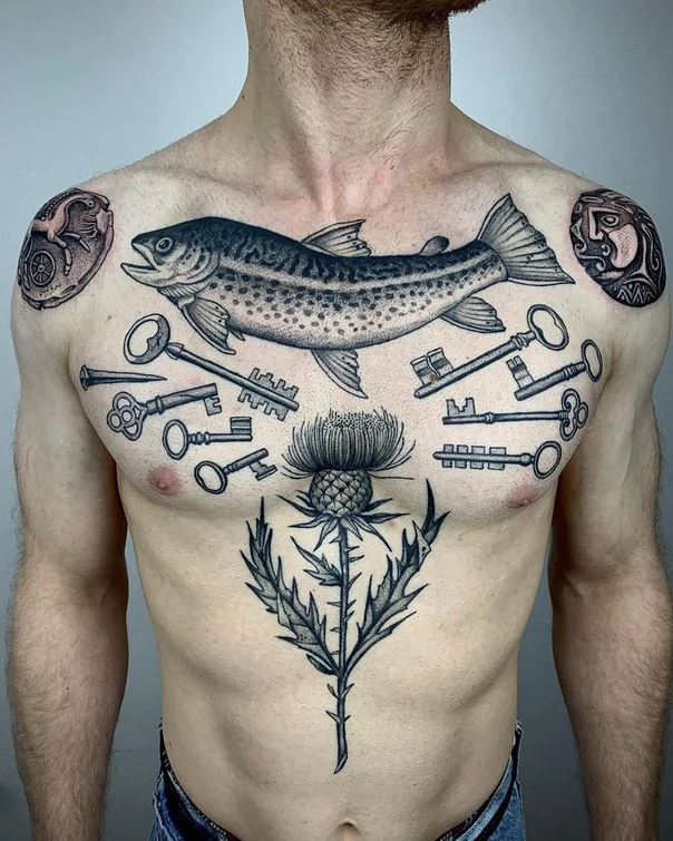 Blackwork Fish, Keys tattoo on Chest