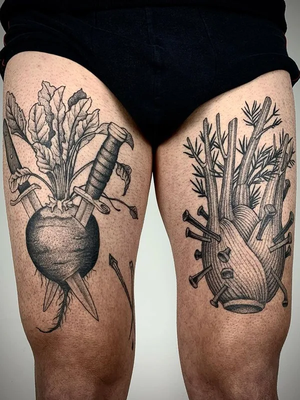 black and grey blackwork 纹身 在 thigh #66336 | 纹身师 Michael Joss