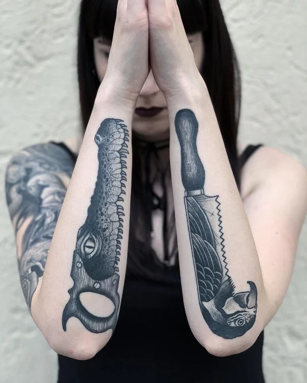 Blackwork Saw, Knife tattoo on Forearm
