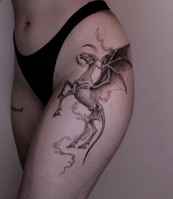 Black & Grey Dragon, Skeleton tattoo on Thigh