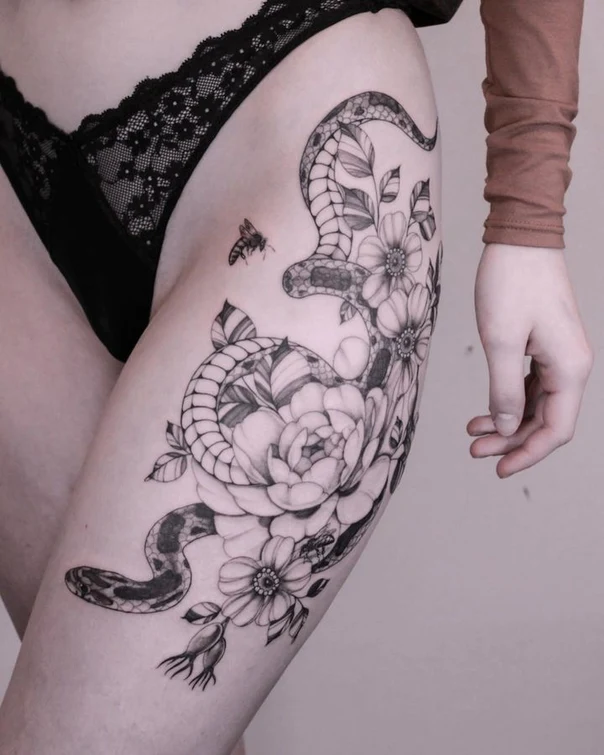 Blackwork Snake, Flowers tattoo on Thigh