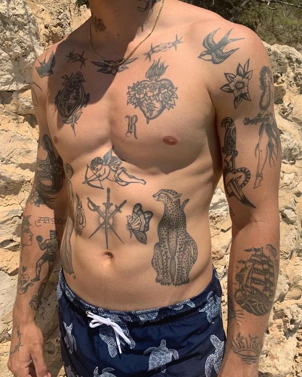 Traditional Heart, Swallow tattoo on Chest