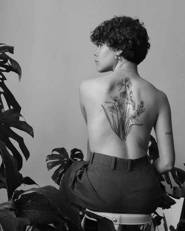 Linework Flowers, Bird tattoo on Upper Back