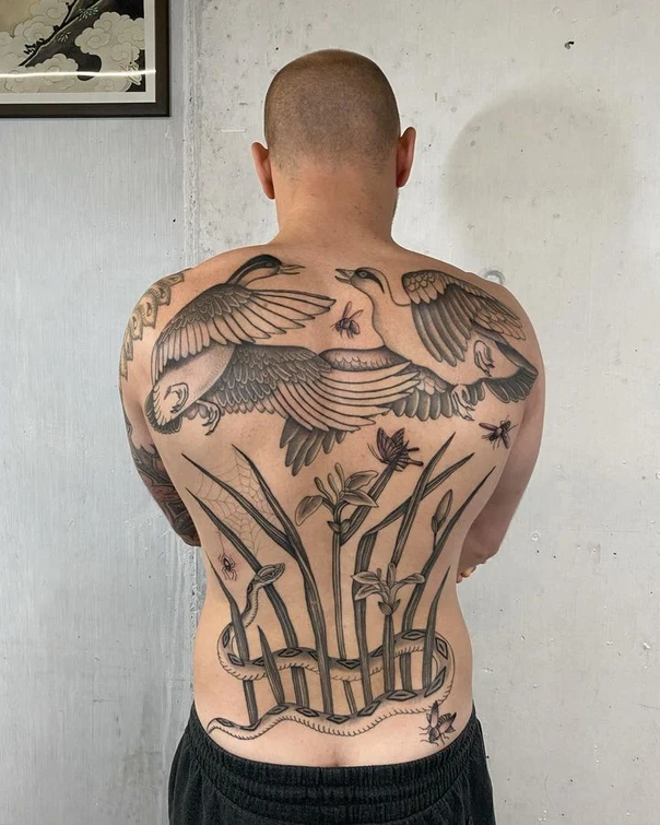 Black & Grey Birds, Snake tattoo on Full Back