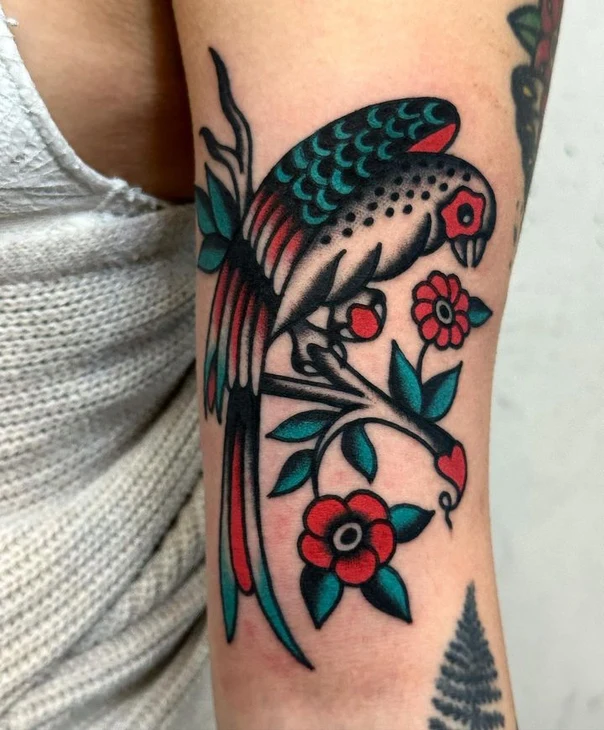Traditional Bird, Botanic tattoo on Forearm