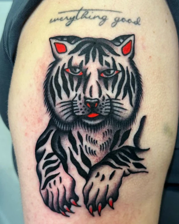 Neo Traditional Tiger, Lettering tattoo on Upper Arm