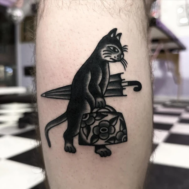 Traditional Cat, Umbrella tattoo on Calf