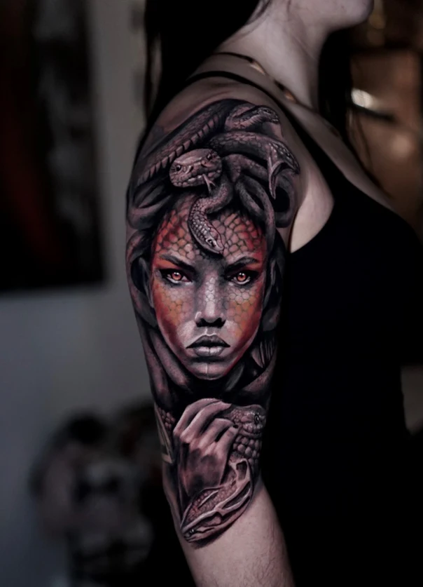 Realism Medusa, Snakes tattoo on Full Sleeve