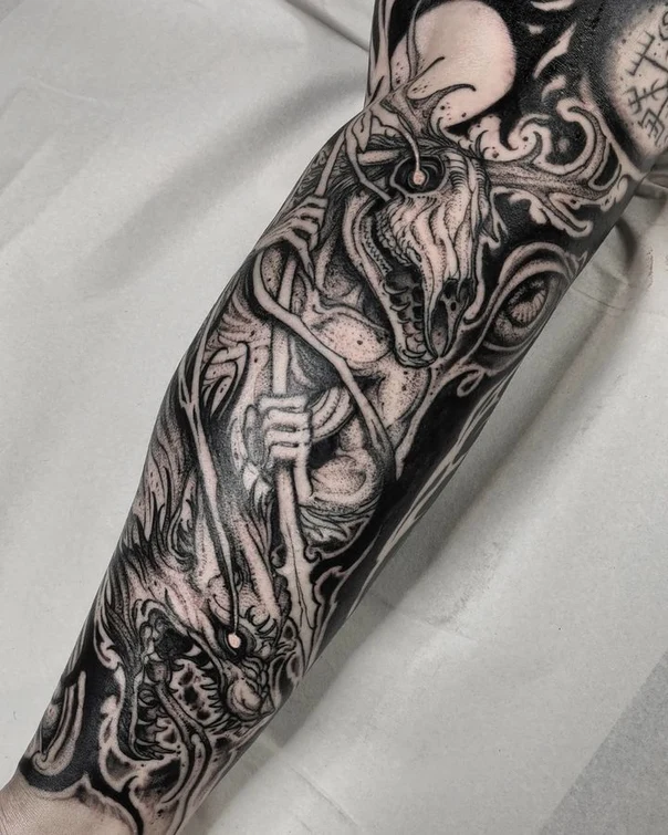 Blackwork Dragon, Mythical creature tattoo on Forearm