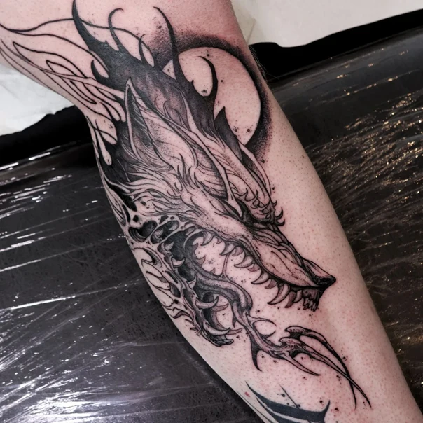 Blackwork Wolf, Fantasy tattoo on Calf