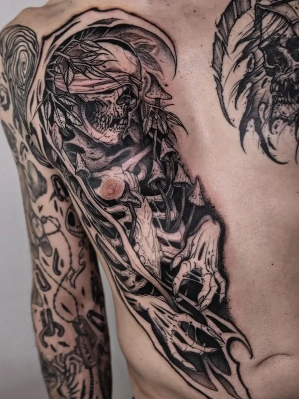 male black and grey blackwork 纹身 在 chest #66463 | 纹身师 Gérard Sathan
