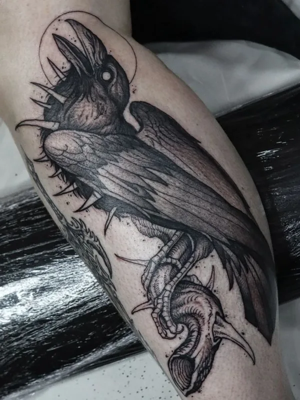 black and grey blackwork 纹身 在 calf #66464 | 纹身师 Gérard Sathan
