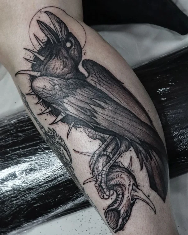 Blackwork Raven, Spikes tattoo on Calf
