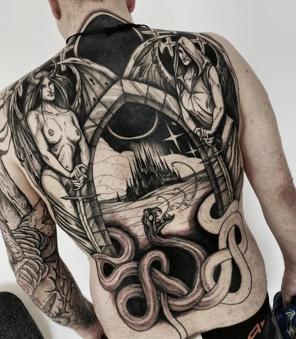 Blackwork Angel, Snake tattoo on Full Back