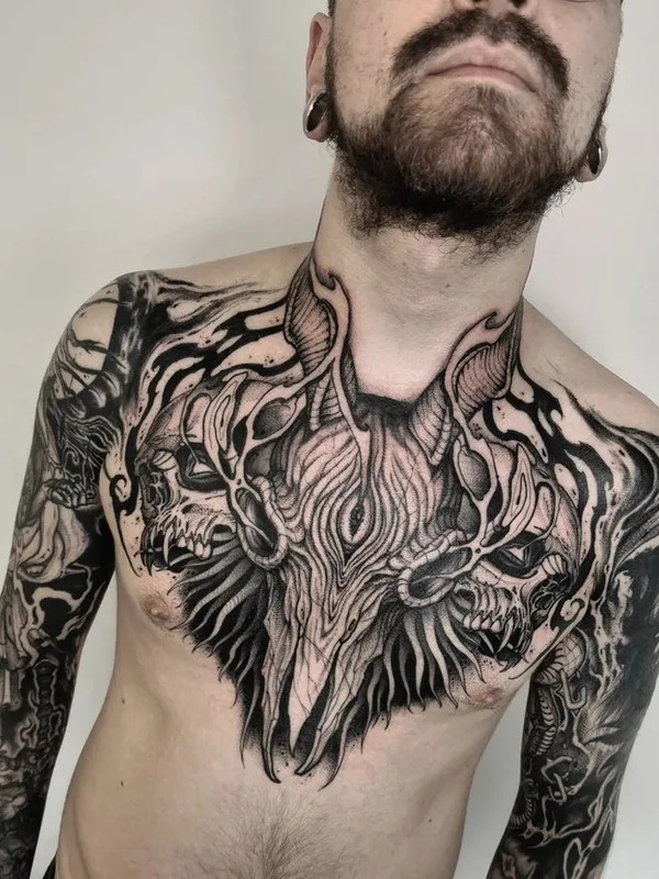 male black and grey blackwork 纹身 在 chest #66469 | 纹身师 Gérard Sathan