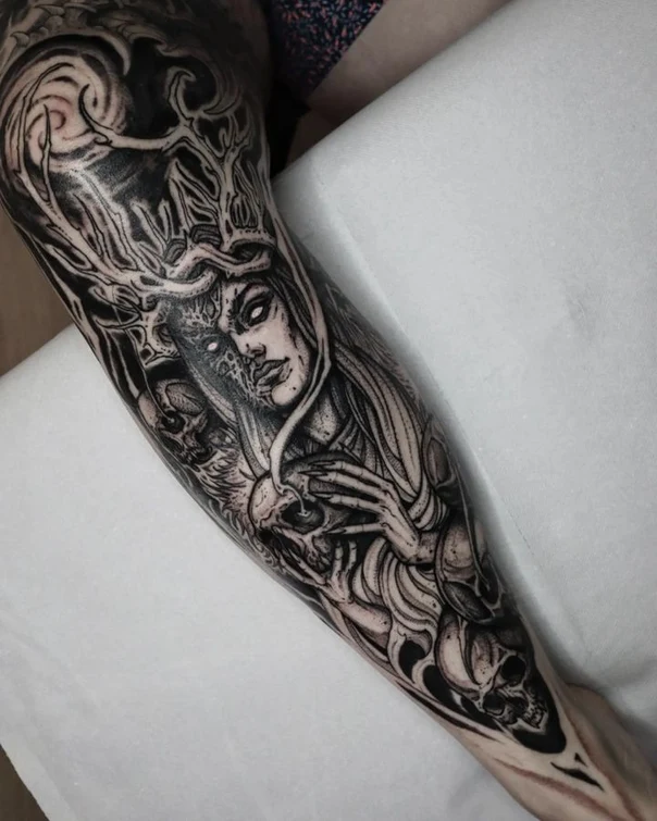 Black & Grey Skull, Woman tattoo on Forearm
