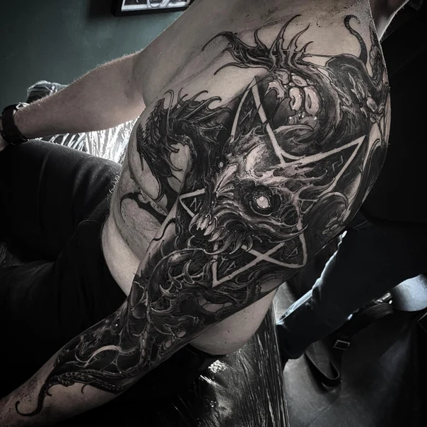 Blackwork Dragon, Pentagram tattoo on Full Sleeve