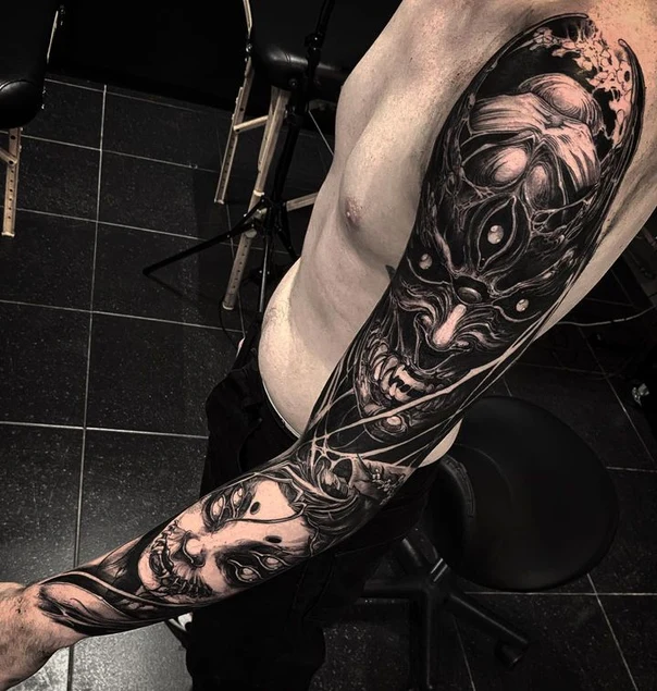 Blackwork Demon, Face tattoo on Full Sleeve