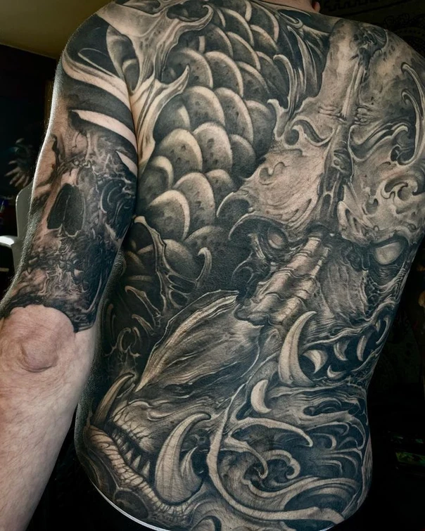 Black & Grey Skull, Dragon tattoo on Full Back
