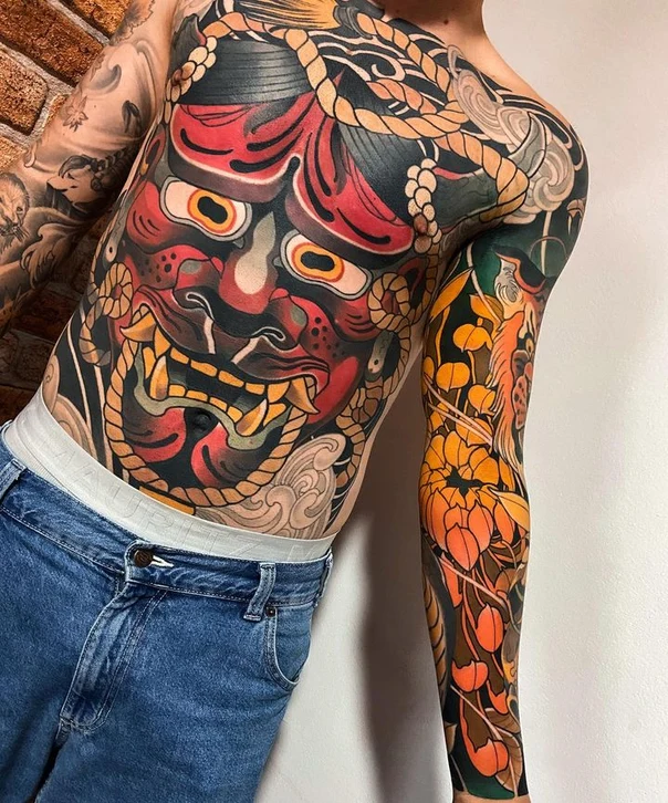 Japanese Mask, Floral tattoo on Full Body