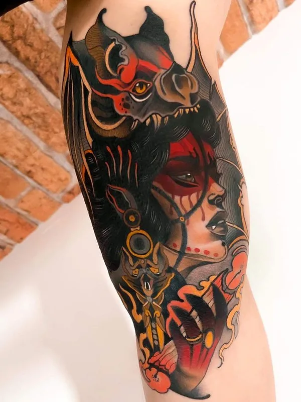female color neo traditional tattoo on thigh #66498 | Tattoo Artist Alex Garcia