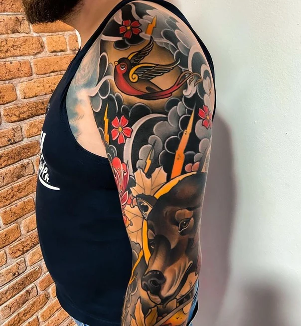 Japanese Bird, Dog tattoo on Full Sleeve