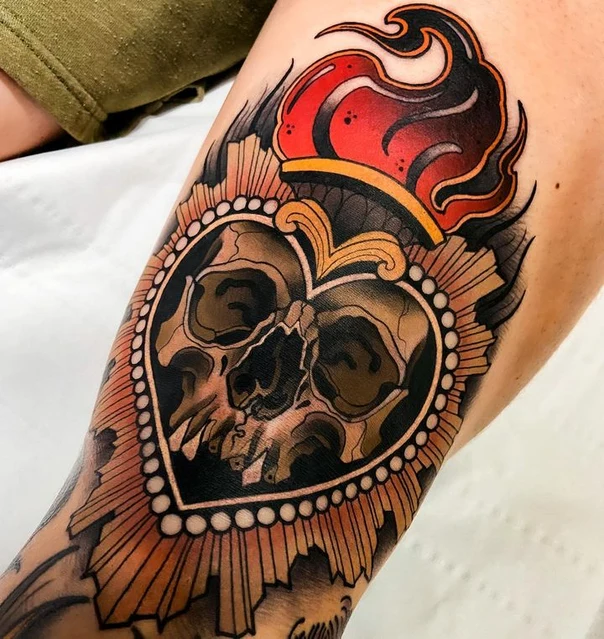 Neo Traditional Skull, Heart tattoo on Forearm