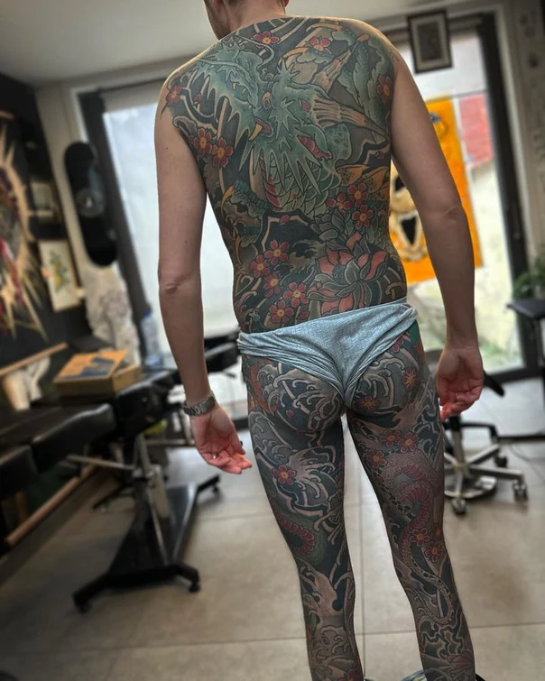 Japanese Dragon, Flowers tattoo on Full body