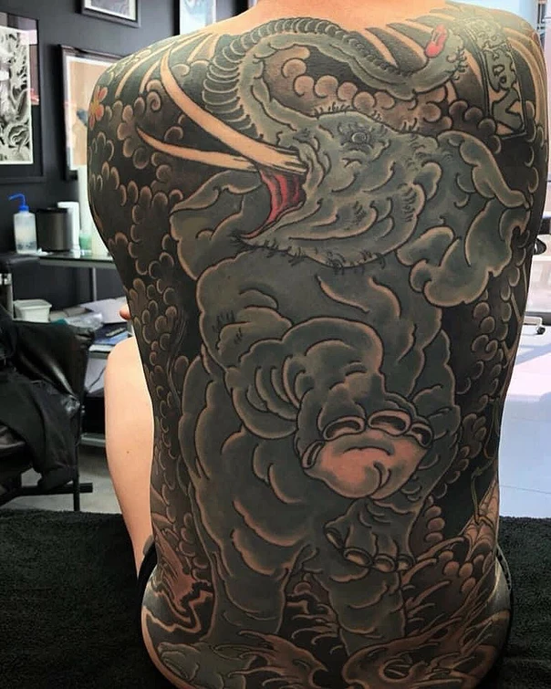 Japanese Elephant, Clouds tattoo on Full Back