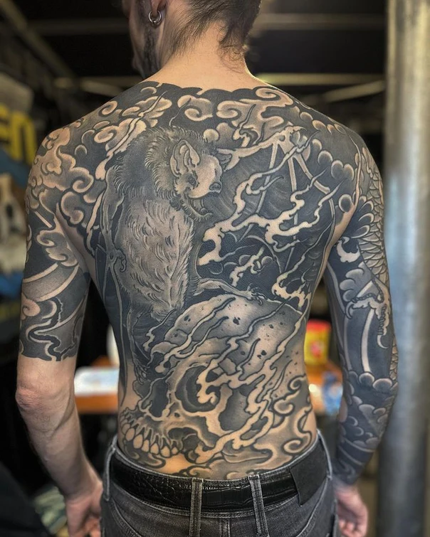 Japanese Wolf, Clouds tattoo on Full Back